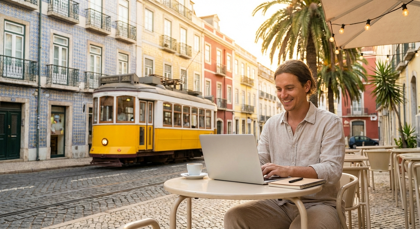 Nômade digital trabalhando em notebook em rua de Lisboa com bondinho ao fundo